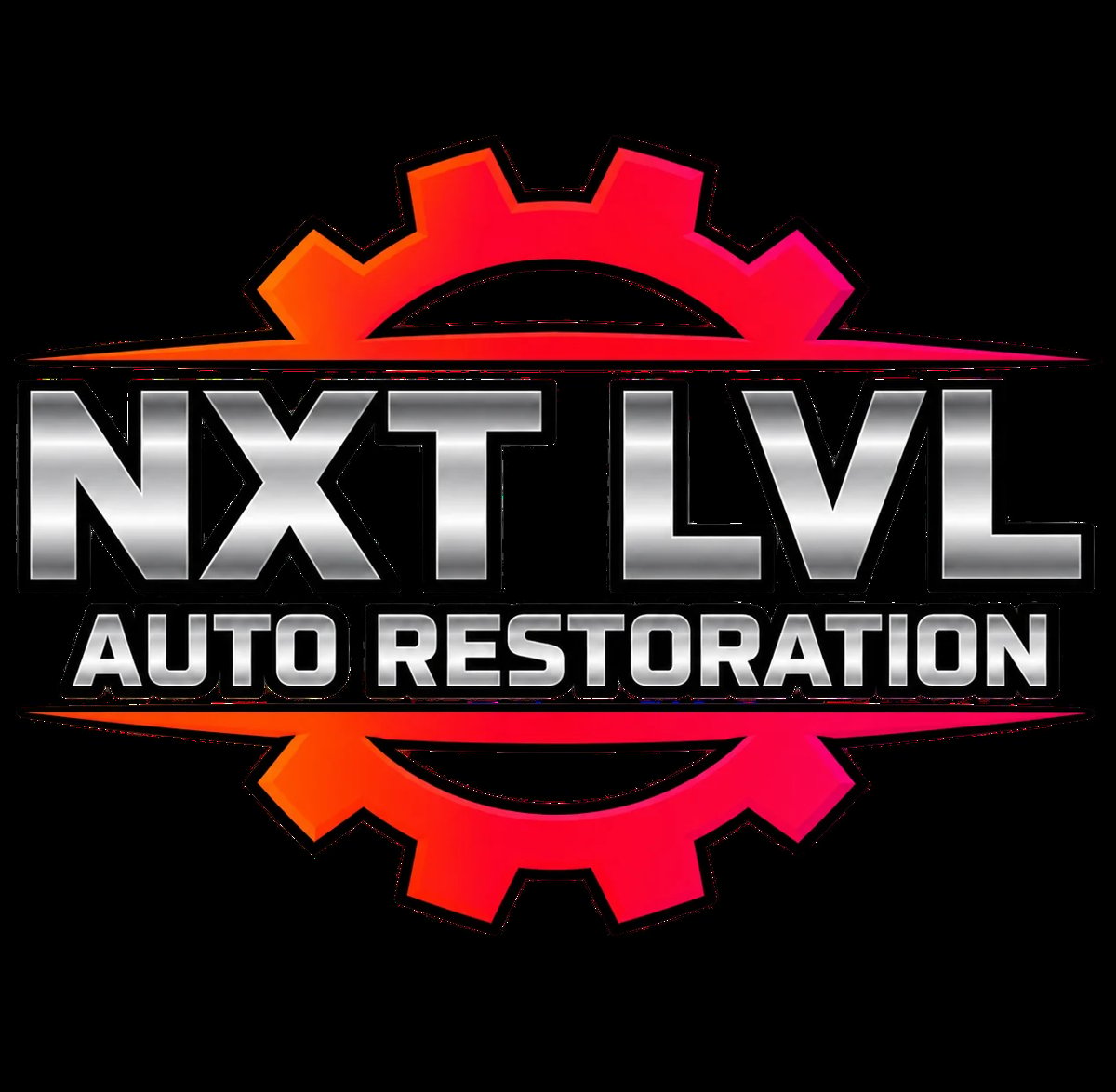 NXT LVL Auto Restoration logo featuring red and orange gears on black background